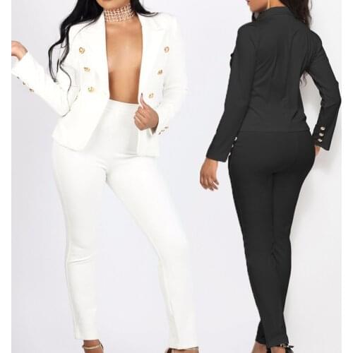 Office Ladies womens pantsuit White Black Business Classic Double-breasted Buttons Nine Blazer Pants Set Two Piece Formal Suits
