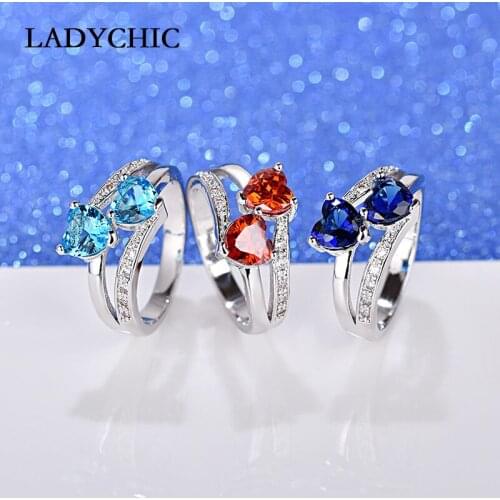 LADYCHIC Romantic Silver Color Love Heart Rings for Women Blue/Green/Red 3 Colors AAA Zircon Crystal Engagement Ring LR1069