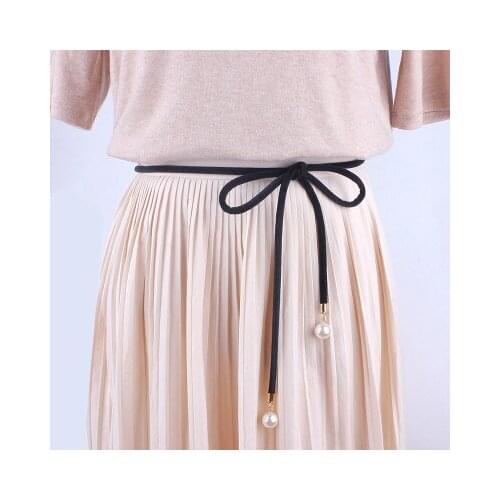1PC Solid Fashion Women Tassel Knot Belt Vintage Pearl Waist Rope Fringed Waistband Girdle For Dress Female Thin Black