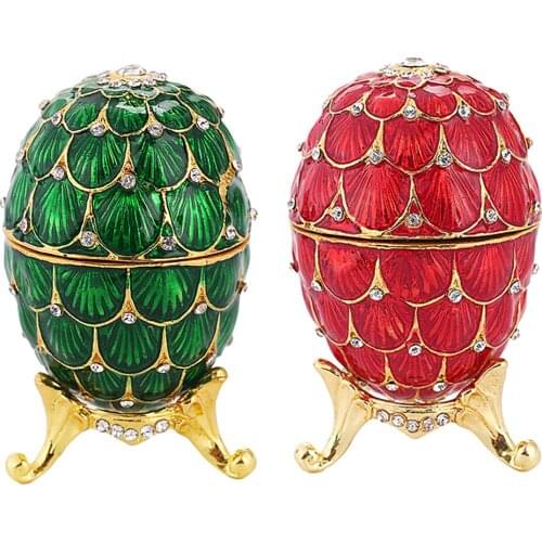 2Pcs Enamelled Egg Trinket Box Hand-Painted Crystal Decorative Hinged Jewelry Storage Box Ring Holder