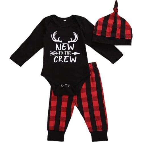 0-18M Newborn Girl Christmas Outfits Cute Letter Print Romper + Plaid Long Pants + Hat 3Pcs Clothes Set