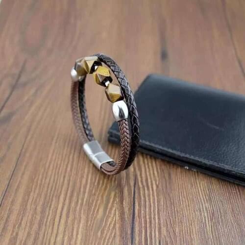 Charm Natural Tiger Eye Stone Bracelet For Men Geometric Shape Natural Stone Black Braided Leather Bracelets Gifts Bijoux Homme