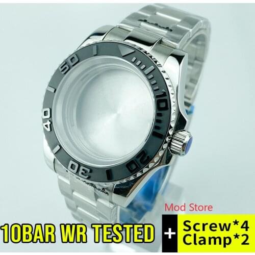 100M WR 40mm Black Bezel Sapphire Crystal Watch Case Polished Center Stainless Steel Bracelet For Miyota82 Yacht Master Style