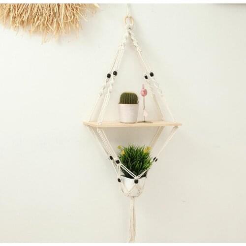 Nordic Decorative Shelf For Planter Bohemian Macrame Tassel Cotton Rope Woven Wall Hanging Shelf Wood Floating Shelf Wall Decor