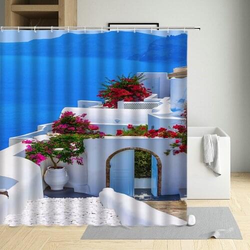 Greece Scenery Shower Curtain Ocean Rural Garden Flowers Plants Street View Bathroom Home Decor With Hooks Waterproof Curtains