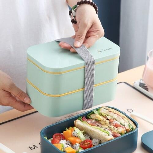 1600Ml Double Layer Lunch Box with Fork Spoon Microwave Bento Boxes Dinnerware Set Leakproof Food Storage Container for student