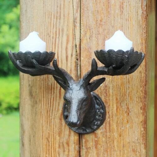 European Vintage Reindeer Head Figurines Design Home Decor Wall Mounted Cast Iron Candle Holder With Two Cups