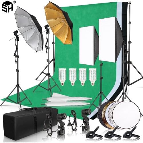 SH Photography Photo Studio Softbox Lighting Kit With Reflector Board 2.6x3M Background Frame Backdrops Tripod Stand Accessories