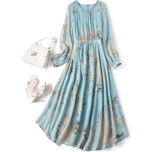 High Quality 100% Silk Summer Dresses for Women 2021 Floral Maxi Dress Long Sleeve Dress Female Korean Fashion Vestidos Pph4975