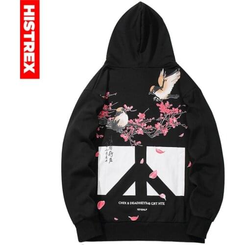 Men Hip Hop Hoodies Sweatshirt Floral Bird Print 2020 Harajuku Streetwear Chinese Kanji Hoodie Pullover Autumn HipHop Oversized