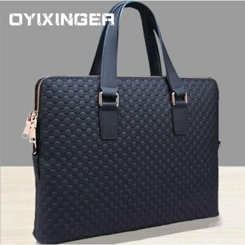 Genuine Leather Men Handbag Business Briefcase Cross Section Shoulder Diagonal Blue Black Leather Male 14" Laptop Messenger Bag
