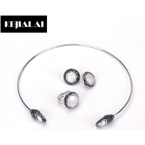 Natural Freshwater Pearl Cuff Choker Necklack Boho Jewelry Sets Rhinestone Stone Stud Earrings Round Ring For Elegant Gift