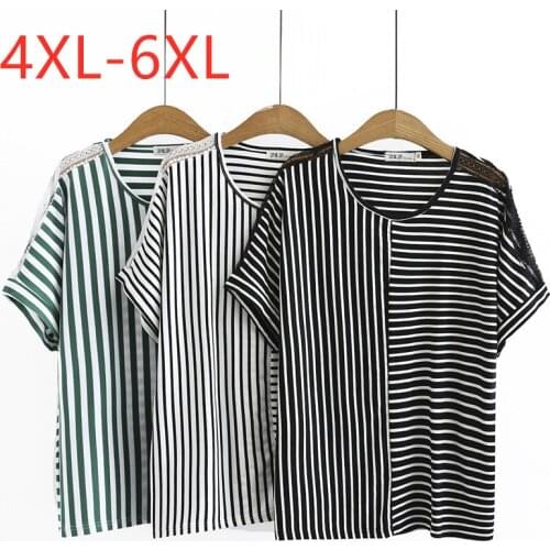 New 2021 summer plus size tops for women large loose casual short sleeve stripe cotton O neck T-shirt white black 4XL 5XL 6XL