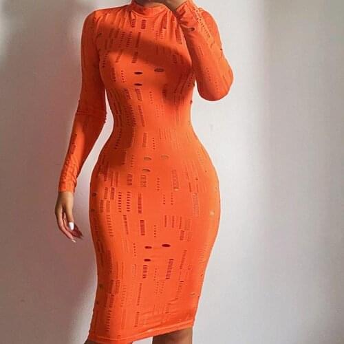 2021 Autumn Winter Women Dresses Solid Orange Party Club Bodycon Sexy Hollow Out Long Sleeve Midi Dress Female