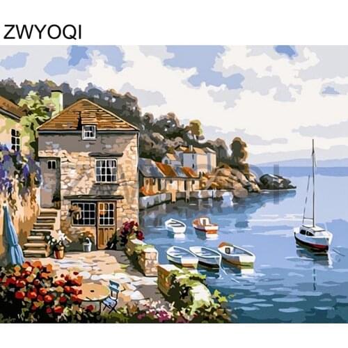 Full Square Diamond embroidery Cross stitch Villa scenery boat Full Round Diamond mosaic Villa scenery 5D DIY Diamond painting