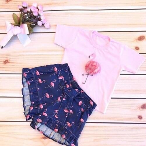 Dropshipping 2Pcs Set Toddler Kids Baby Girl Summer Clothes Flamingos Tops Shorts Pants Outfit Set