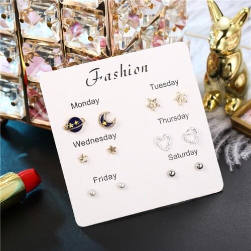 6 Pairs/set Fashion Female Planet Moon Star Stud Earrings Set For Women Cute Ball Pearl Small Earring Girls Kids Jewelry Gifts