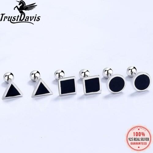 TrustDavis Real 925 Sterling Silver Sweet Black Glaze Round Square Triangle Screw Earring For Women Wedding Fine Jewelry DA2205