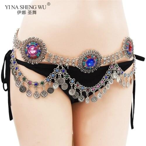 Bohemian Style Belly Dance Waist Chians Statement Coin Pendant Waist Chians Women Turkish Color Gypsy Rhinestone Dance Jewelry