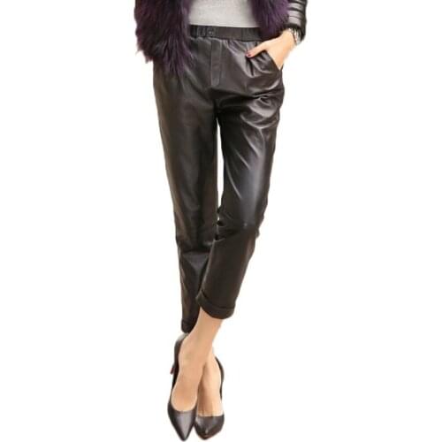 Women Elastic Waist Genuine Harem Real Leather Lambskin Pencil Pants Elegant Black Streetwear Office Lady Trousers