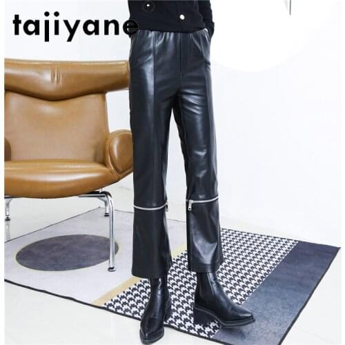 2021 Streetwear Spring Women Real Sheepskin Flare Pants Woman Genuine Leather Trousers Zipper Mujer Pantalones TN2446