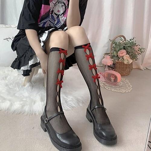Women Japanese Lolita Sock Hollowout Gothic Black Net Stockings Maid Tube Long Short White Bowknot Lolis Sexy Socks Cosplay Acce