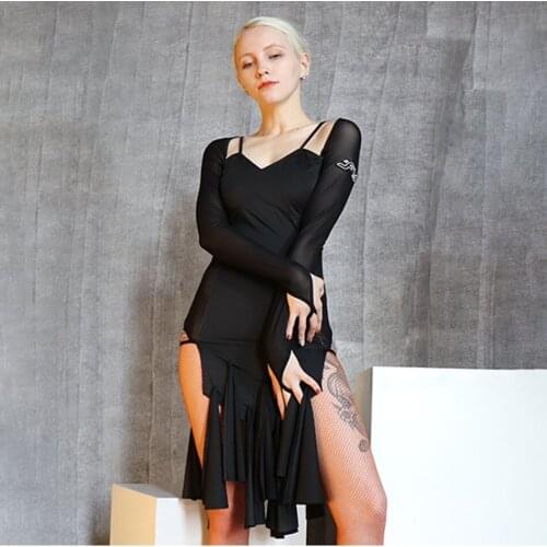 2020 New TL655 Latin Dance Dress Women Black Long Sleeve Dancing Performance Dress for Ballroom Samba Tango