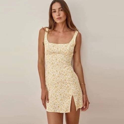 Floral Print Sexy Sleeveless Dress Sweet Slim A-line Mini Dress With Slit Beach Holiday Vintage Women Clothes Robe Summer 2021