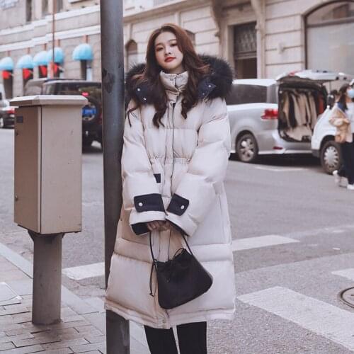 Winter 2020 Female Long Over-Knee Hooded Large Fur Collar Contrast Color Down Casual Thickened Warm Quality Women Jacket B14