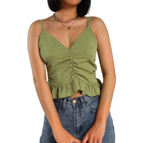 2021 Fashion Sexy Ruffle Ruched Camisole Tops Women Sleeveless V Neck Slim Fit Tank Top Holiday Girls Casual Summer Crop Top