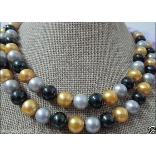 35"NATURAL 9-10 MM SOUTH SEA BLACK GRAY YELLOW Pearl Necklace