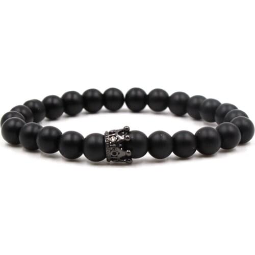 8mm Matte Black Stone Bead Bracelet Pave CZ 4 color small Flower Crown Handmade Bracelet bangle for Women and Men Trendy Jewelry