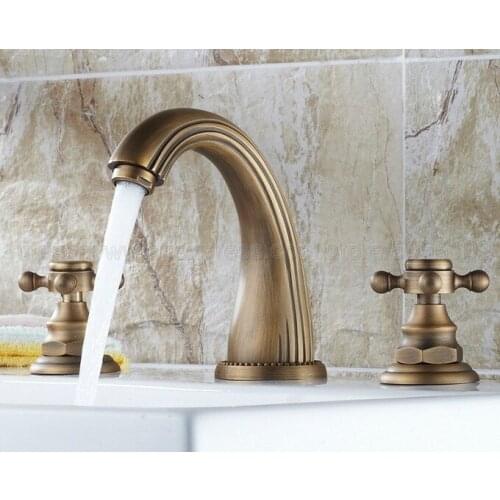 Antique Brass Widespread Bathroom Basin Faucet Dual Handle 3 Holes Basin Mixer Sink Taps Deck Mounted znf009