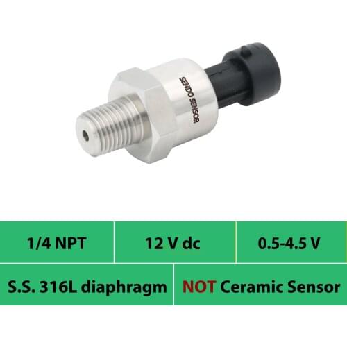 Sensor pressure, 0.5 to 4.5V, 12V, 24V supply, 0 15psi, 150 psi, 1.6mpa, 2.5 mpa gauge, 30 50 75 psi,1 4 NPT thread, IP65, oil