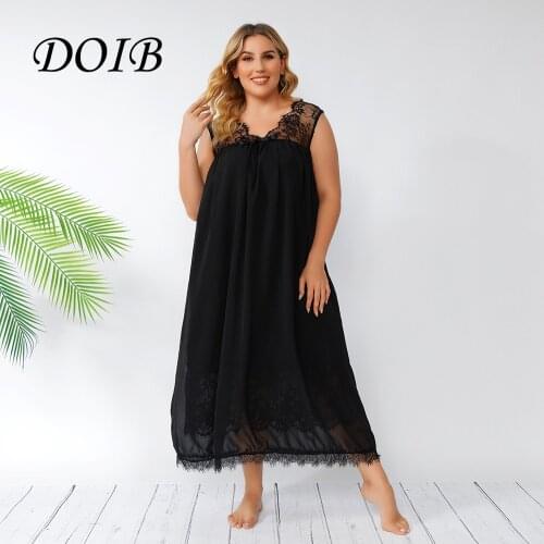 DOIB Women Black Lace Patchwork Pajamas Dress Plus Size Sleeveless Sexy Loose Casual Sleep Homewear Dress