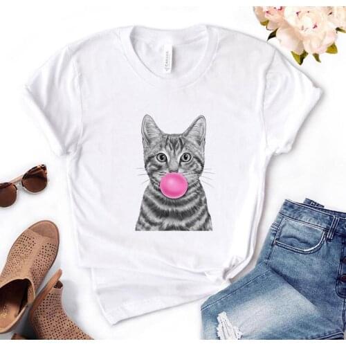 Cat Blowing Bubble chewing gum Print Women Tshirts Cotton Casual Funny t Shirt For Lady Yong Top Tee Hipster PH-17