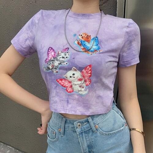 European American Summer Fashion Women Casual Tees Sexy Purple Cat Print Umbilical Bottoming Tees Female Short Sleeved T Shirt T