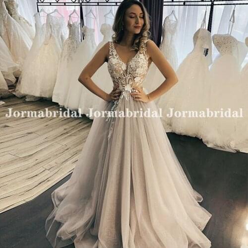 Illusion Bodice Boho Wedding Dresses Glitter Sparkle Nude Tulle With White Appliques Beach Bridal Dresses suknia ślubna Custom