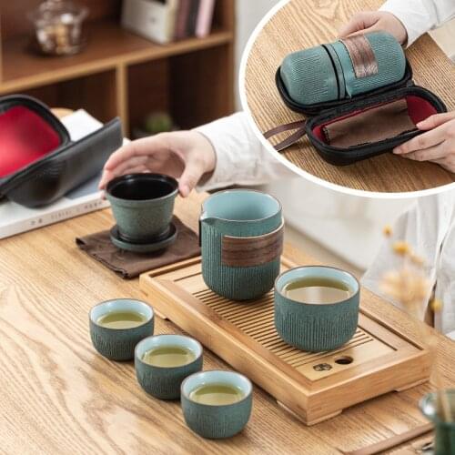 Ceramic Kuai Ke Cup Travel Kung Fu Tea Set, Outdoor Portable Simple Tea Set, 1pcs Teapot 4pcs Tea Cup