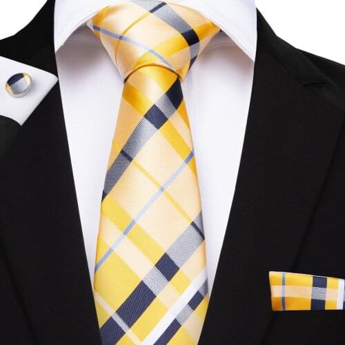 BarryWang 150cm Length 28 Styles Plaid Ties Yellow Pink Red Blue Hanky Cufflinks Set Mens Silk Tie 8cm Tie Wedding Groom Crava