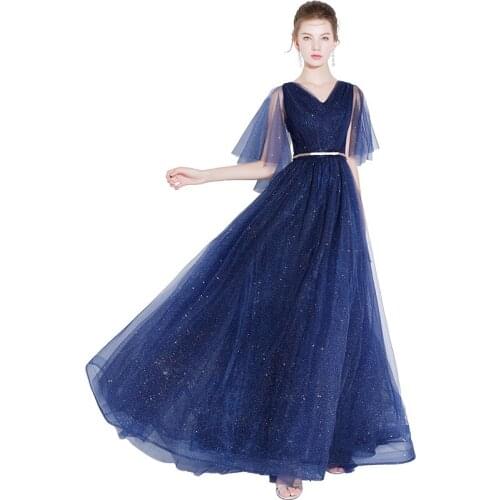 Lace Evening Dresses Long Ever Pretty V Neck A-Line Half Sleeve Sexy Appliques Elegant Women Evening Gowns Robe De Soiree 2019