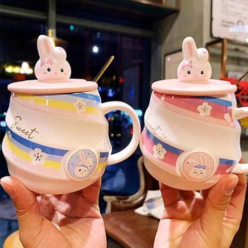 450ml Creative Thread Mug Cartoon Ceramic Coffee Mug With Lid Kawaii Sweet Rabbit Water Cup With Spoon Student Couple Travel Cup