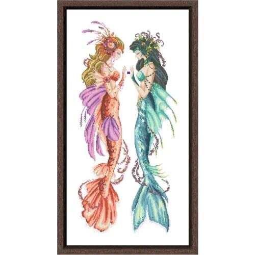Mermaid sisters cross stitch kit fairy beads pattern design 18ct 14ct 11ct white counted canvas embroidery DIY needlework