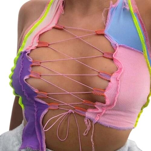 New sexy hollow out camisole women Punk style Ribbed knitting crop tops club party wear Colorful tank top bandage vest female