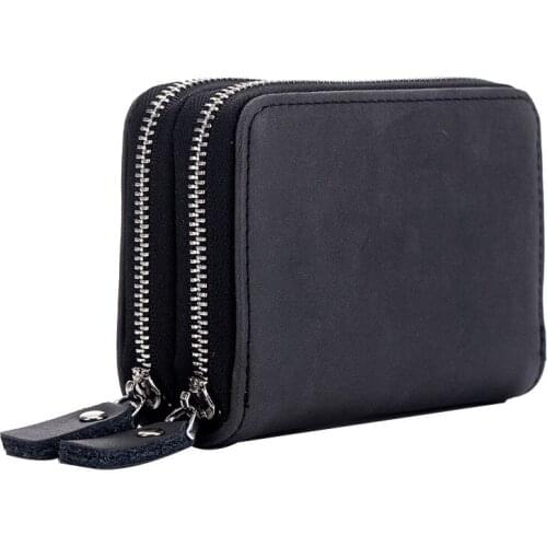 New Double Zipper RFID Blocking Card Holder Vintage Genuine Leather Key Wallets with 12 Cards Slot Multifunction Coin Purse