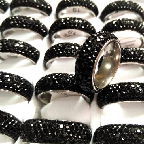 25pcs Luxury Black 5 Rows Zircon Stone Lovers Honey Stainless Steel Wedding Engagement CZ Rings Mens Womens Gift 2019 NEW