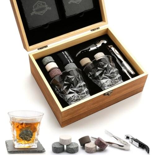 Whiskey Stones Gift Set - Whiskey Glass Set of 2 - Granite Chilling Whiskey Rocks - Scotch Bourbon Whiskey Glass Gift Box Set