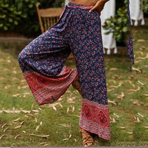 Casual wide leg boho pants women 2020 floral print palazzo long pants high waist beach trousers female vacation holiday pants