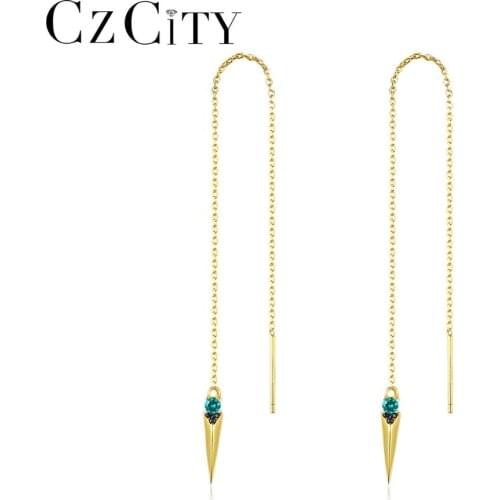 CZCITY Drop Earrings for Women Arrow Shape Ear Line Green CZ Stone 925 Sterling Silver Fine Jewelry Party Christmas Gift SE-511