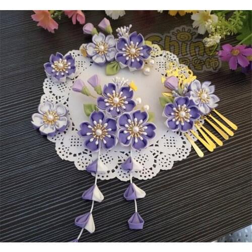 Japanese Style Hairpin Kimono Purple Cherry Blossom Headdress Lokita Tassel Side Clip Hair Accessories H